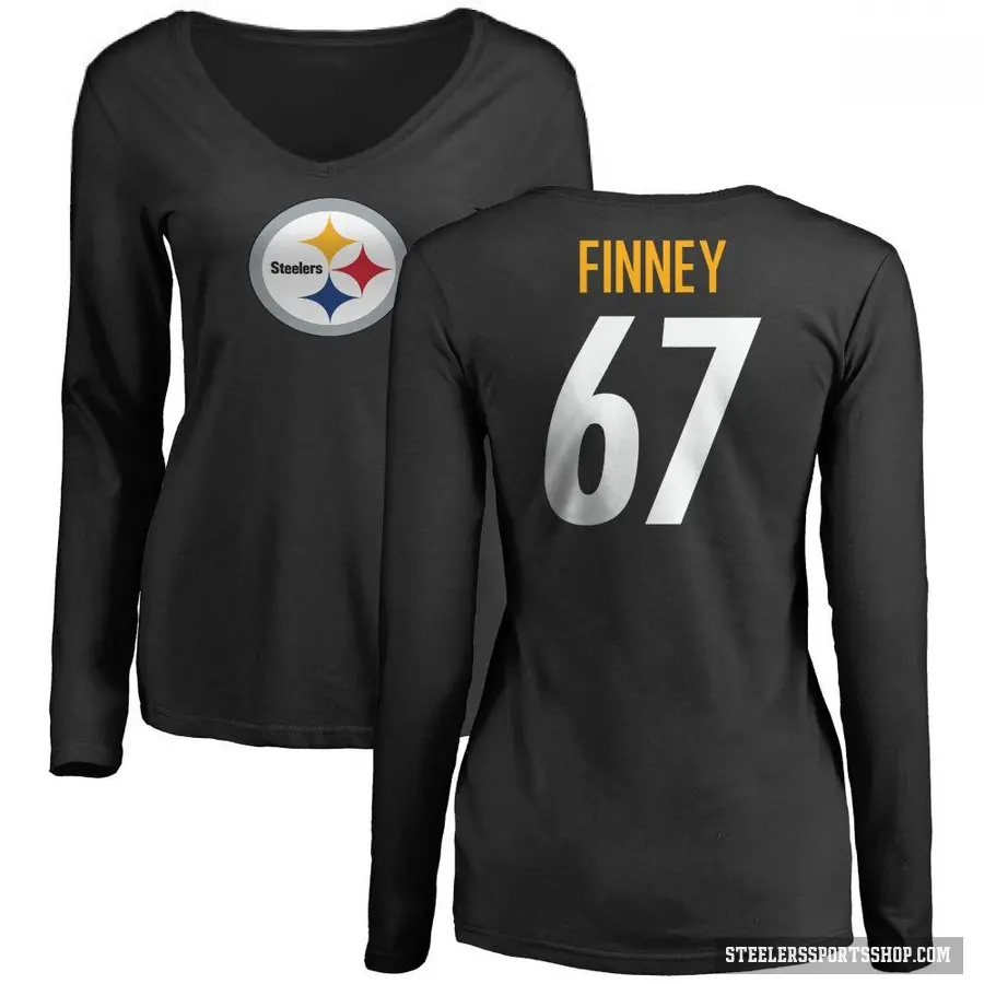 Women's ＃67 B.J. Finney Pittsburgh Steelers Black Logo Slim Fit Long Sleeve T-Shirt