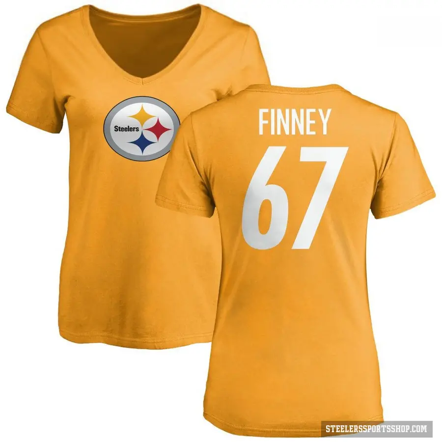 Women's ＃67 B.J. Finney Pittsburgh Steelers Gold Logo Slim Fit T-Shirt