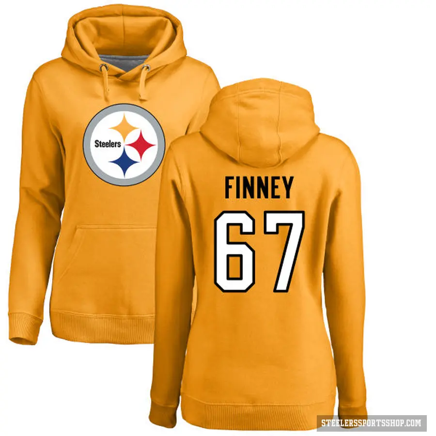 Women's ＃67 B.J. Finney Pittsburgh Steelers Gold Pro Line Name & Number Logo Pullover Hoodie