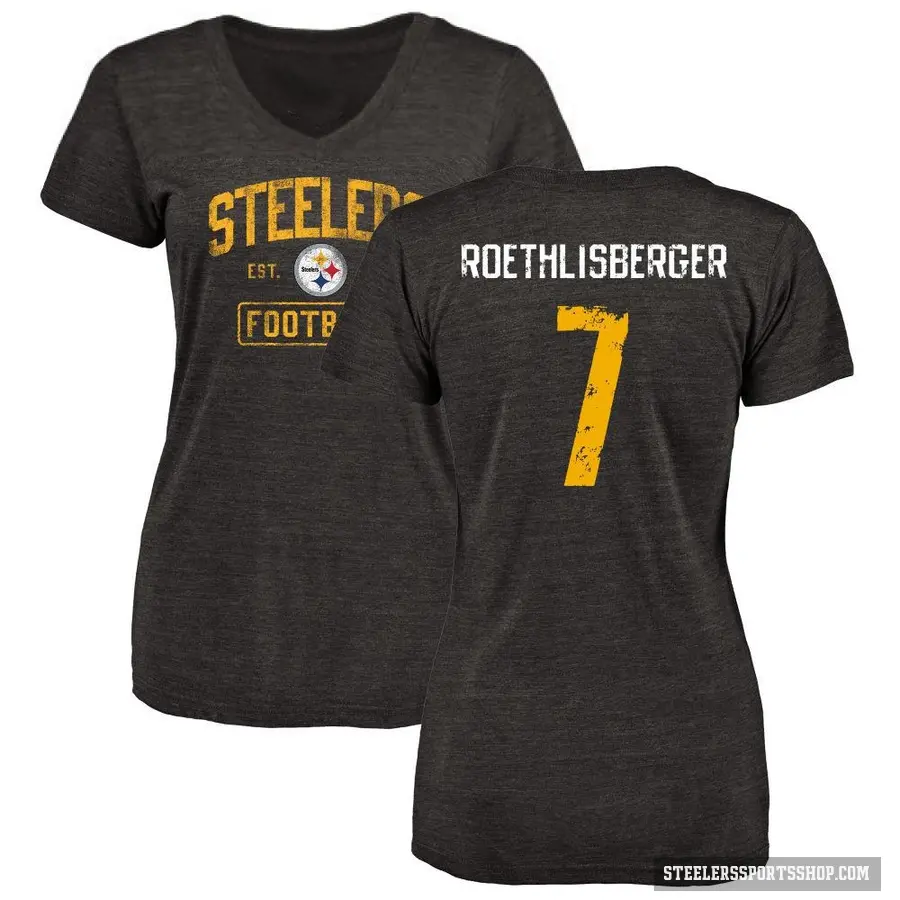 Women's ＃7 Ben Roethlisberger Pittsburgh Steelers Black Distressed V-Neck T-Shirt