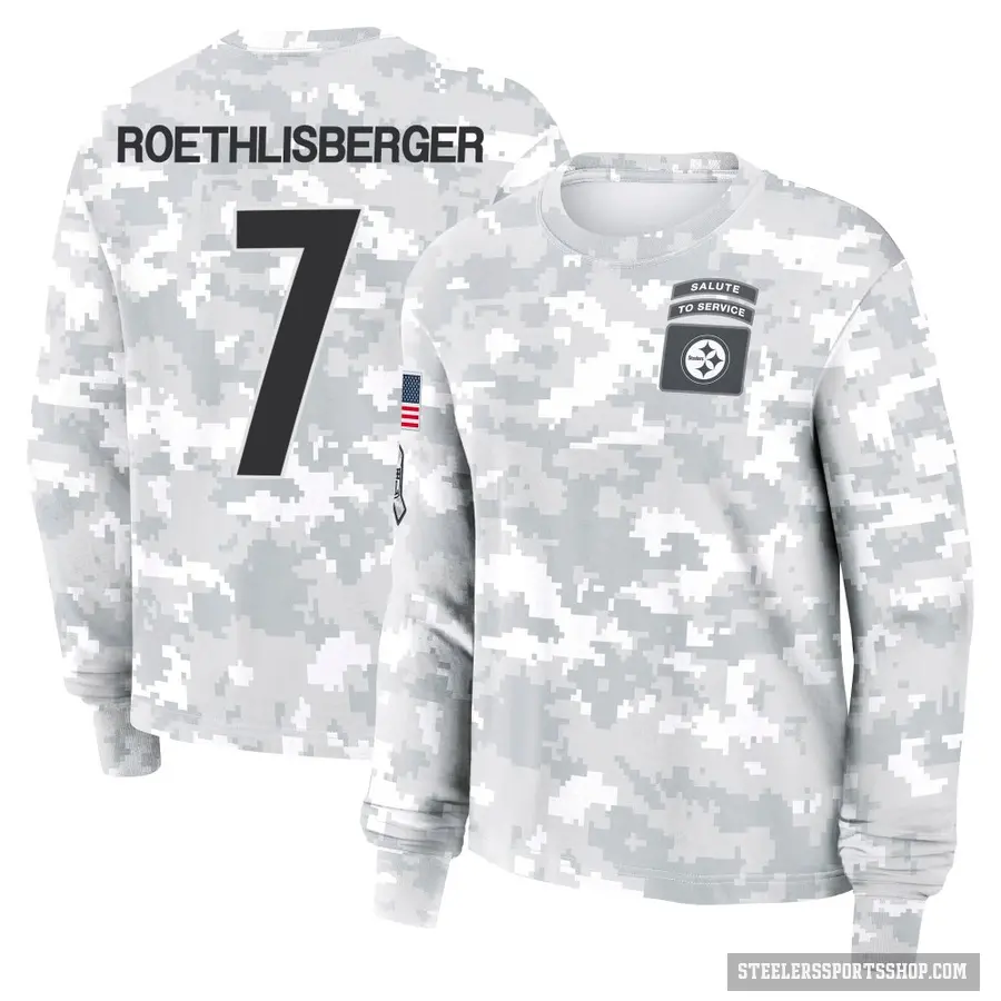 Women's ＃7 Ben Roethlisberger Pittsburgh Steelers Camo Arctic 2024 Salute to Service Long Sleeve T-Shirt