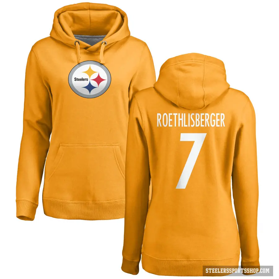 Women's ＃7 Ben Roethlisberger Pittsburgh Steelers Gold Pro Line Name & Number Logo Pullover Hoodie