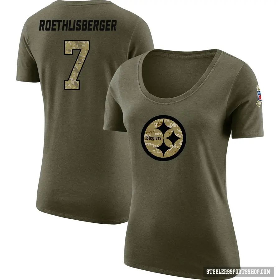 Women's ＃7 Ben Roethlisberger Pittsburgh Steelers Olive Salute to Service Scoop Neck T-Shirt