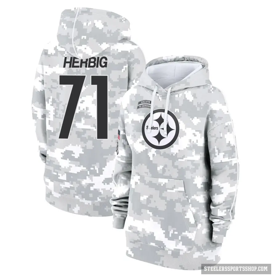 Women's ＃71 Nate Herbig Pittsburgh Steelers Arctic Camo 2024 Salute to Service Club Fleece Pullover Hoodie