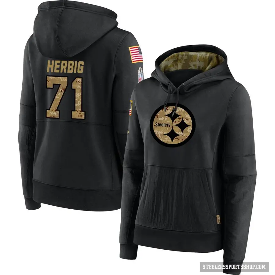 Women's ＃71 Nate Herbig Pittsburgh Steelers Black 2020 Salute to Service Sideline Performance Pullover Hoodie