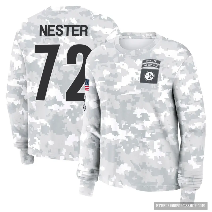 Women's ＃72 Doug Nester Pittsburgh Steelers Camo Arctic 2024 Salute to Service Long Sleeve T-Shirt