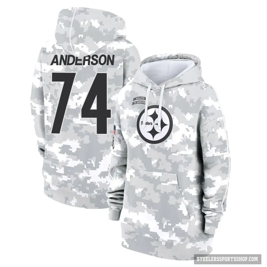 Women's ＃74 Spencer Anderson Pittsburgh Steelers Arctic Camo 2024 Salute to Service Club Fleece Pullover Hoodie