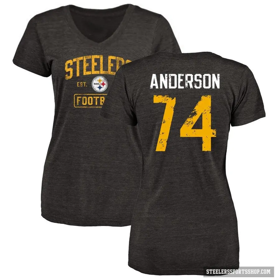 Women's ＃74 Spencer Anderson Pittsburgh Steelers Black Distressed V-Neck T-Shirt