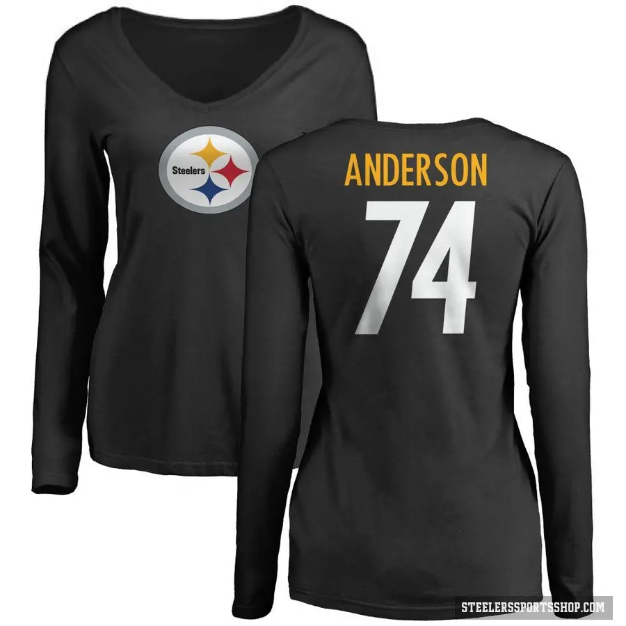 Women's ＃74 Spencer Anderson Pittsburgh Steelers Black Logo Slim Fit Long Sleeve T-Shirt