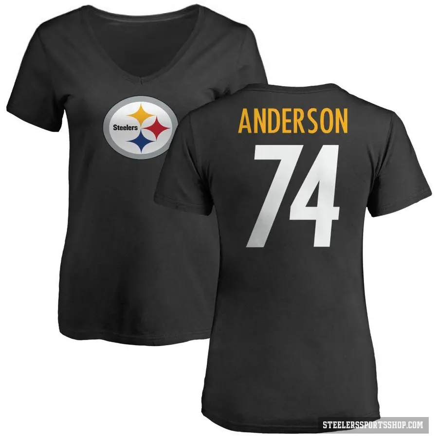 Women's ＃74 Spencer Anderson Pittsburgh Steelers Black Logo Slim Fit T-Shirt