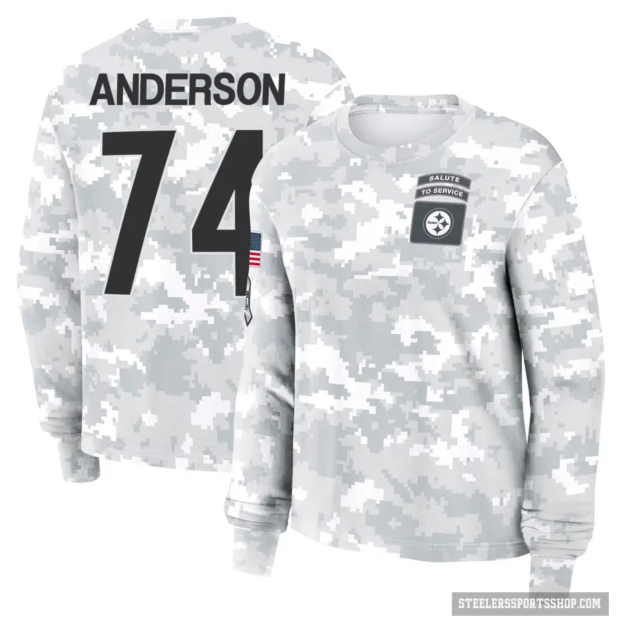 Women's ＃74 Spencer Anderson Pittsburgh Steelers Camo Arctic 2024 Salute to Service Long Sleeve T-Shirt