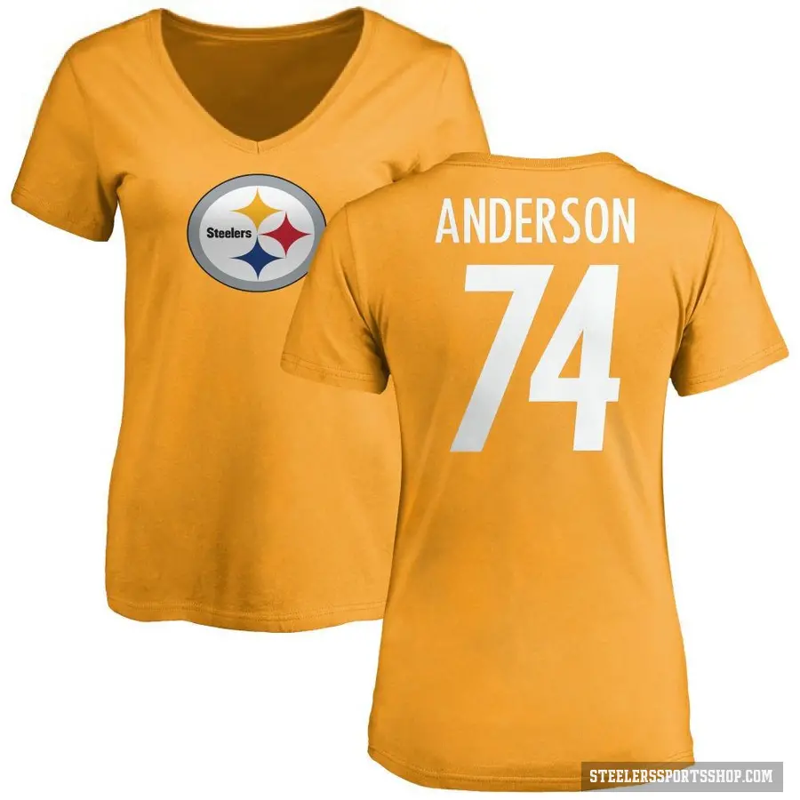 Women's ＃74 Spencer Anderson Pittsburgh Steelers Gold Logo Slim Fit T-Shirt