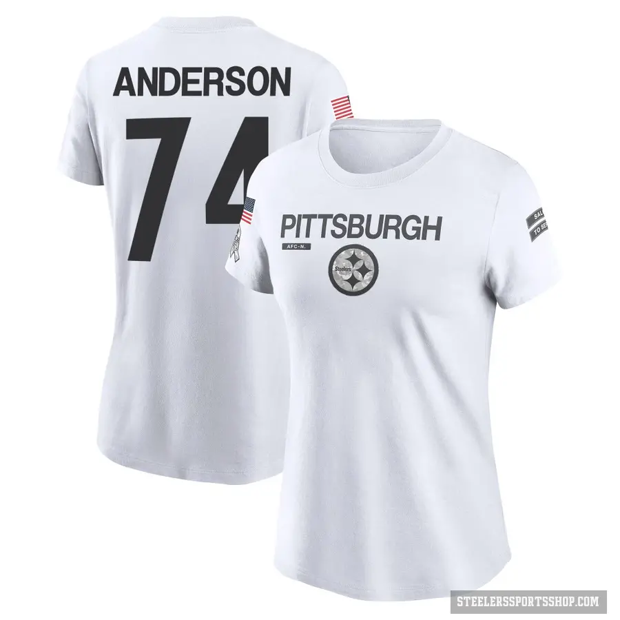 Women's ＃74 Spencer Anderson Pittsburgh Steelers White 2024 Salute to Service Performance T-Shirt