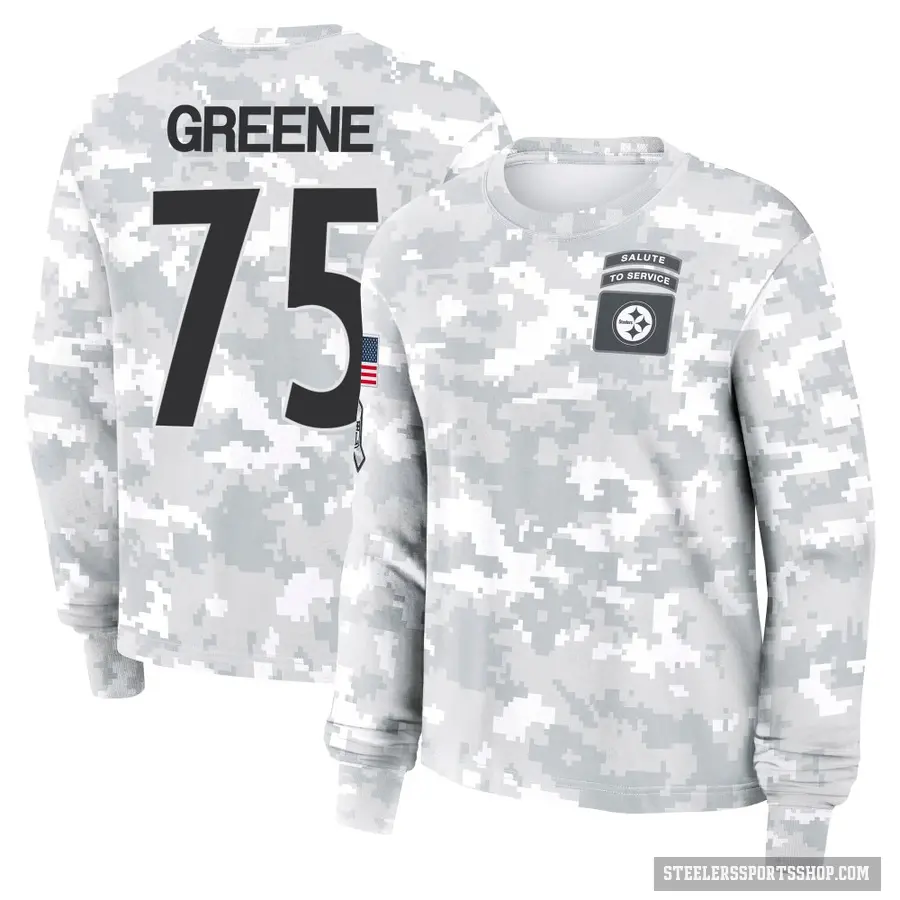 Women's ＃75 Joe Greene Pittsburgh Steelers Green Arctic Camo 2024 Salute to Service Long Sleeve T-Shirt