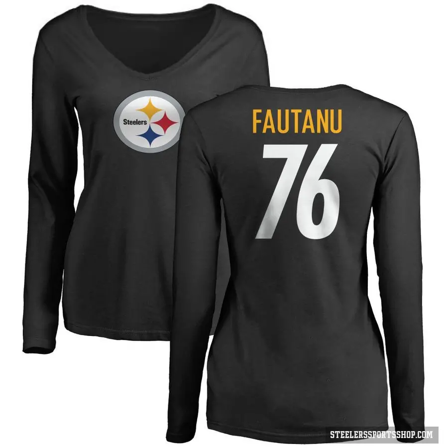 Women's ＃76 Troy Fautanu Pittsburgh Steelers Black Logo Slim Fit Long Sleeve T-Shirt