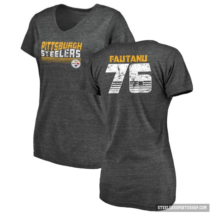 Women's ＃76 Troy Fautanu Pittsburgh Steelers Black Retro V-Neck T-Shirt