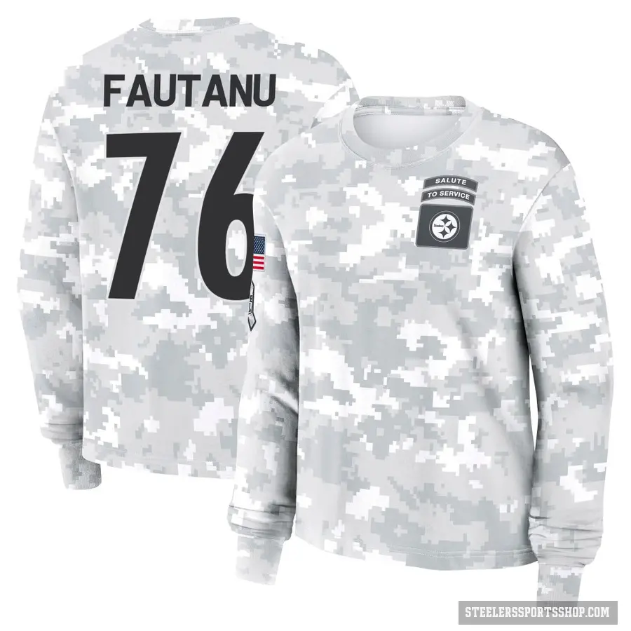 Women's ＃76 Troy Fautanu Pittsburgh Steelers Camo Arctic 2024 Salute to Service Long Sleeve T-Shirt