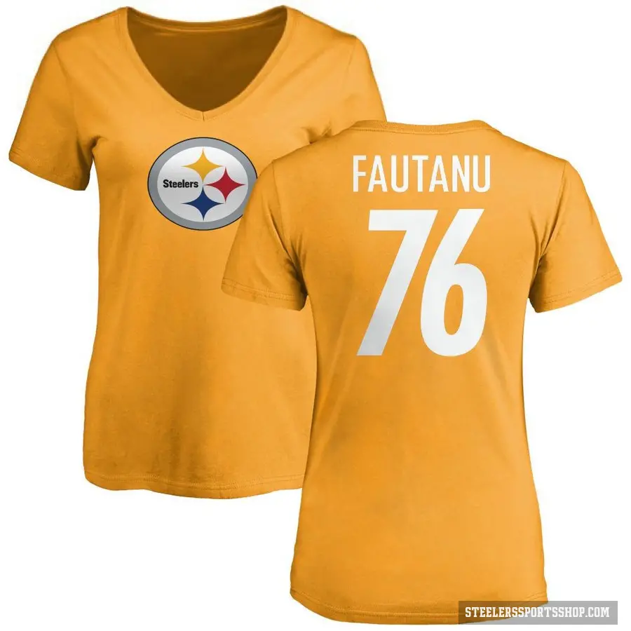 Women's ＃76 Troy Fautanu Pittsburgh Steelers Gold Logo Slim Fit T-Shirt