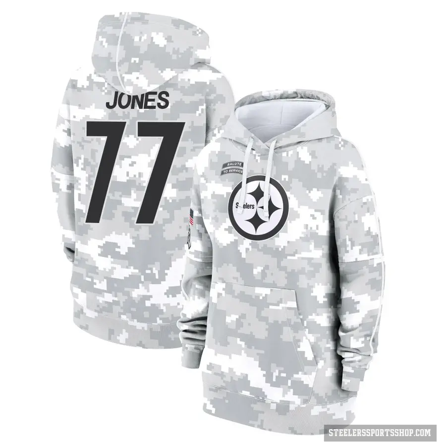 Women's ＃77 Broderick Jones Pittsburgh Steelers Arctic Camo 2024 Salute to Service Club Fleece Pullover Hoodie