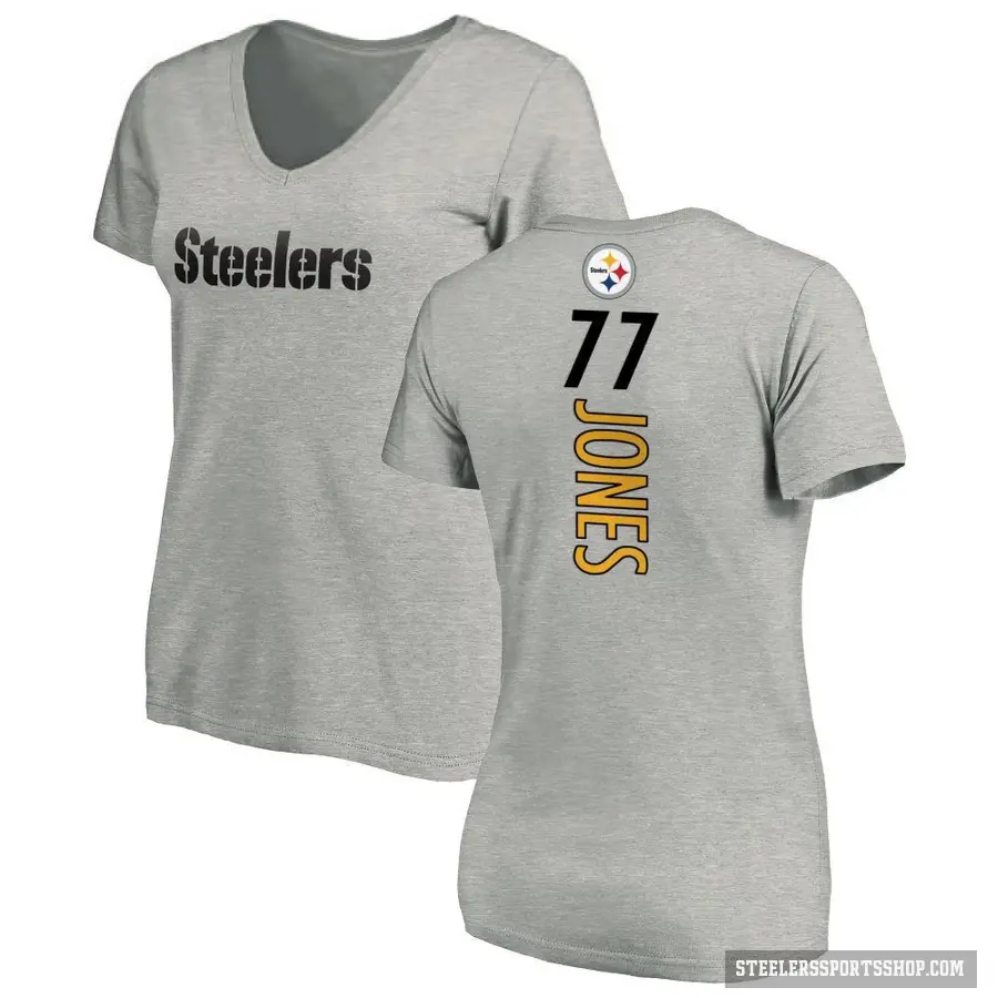 Women's ＃77 Broderick Jones Pittsburgh Steelers Ash Backer V-Neck T-Shirt