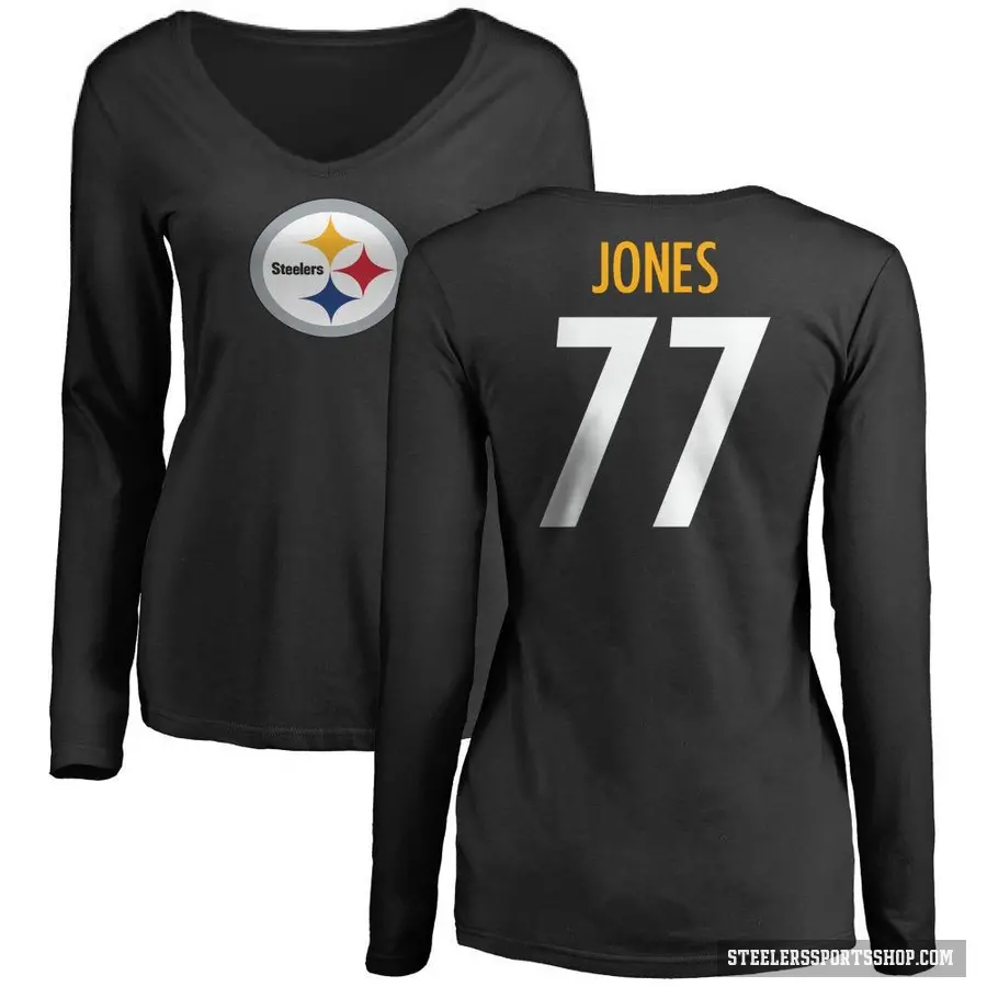 Women's ＃77 Broderick Jones Pittsburgh Steelers Black Logo Slim Fit Long Sleeve T-Shirt