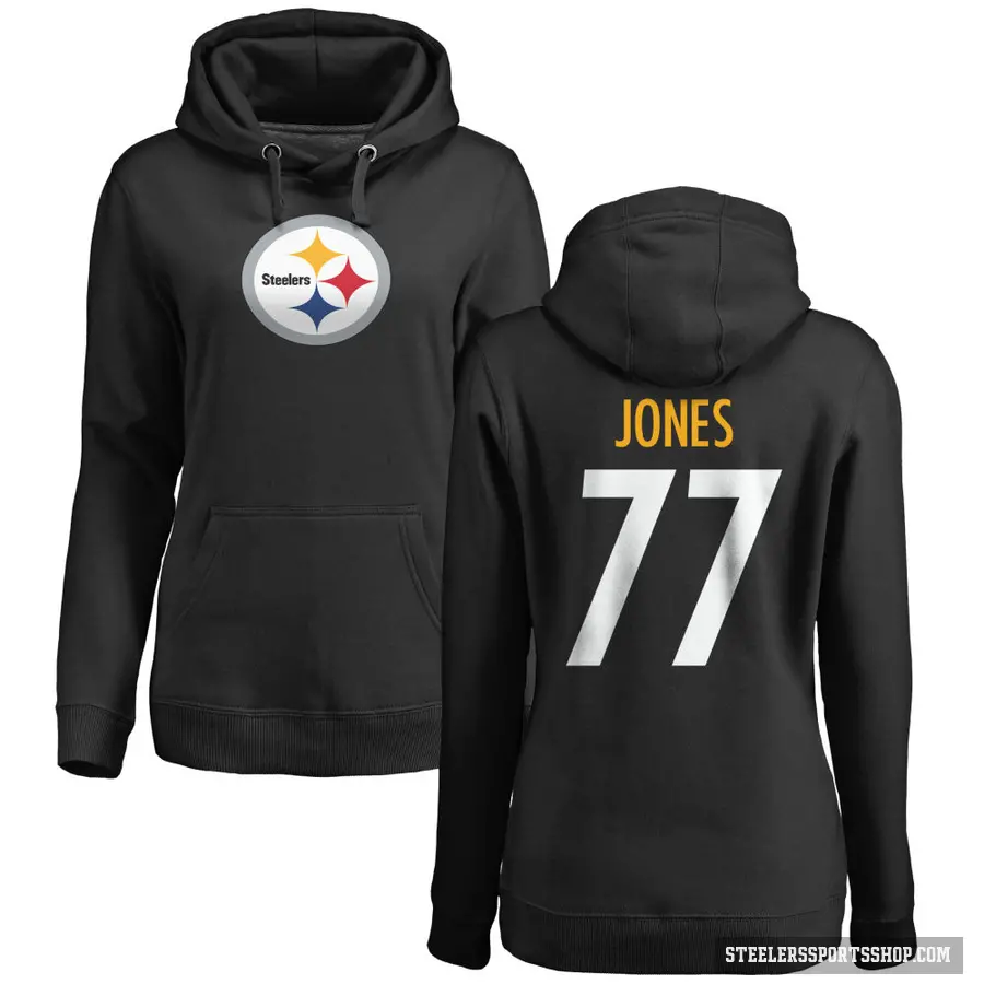 Women's ＃77 Broderick Jones Pittsburgh Steelers Black Pro Line Logo Pullover Hoodie