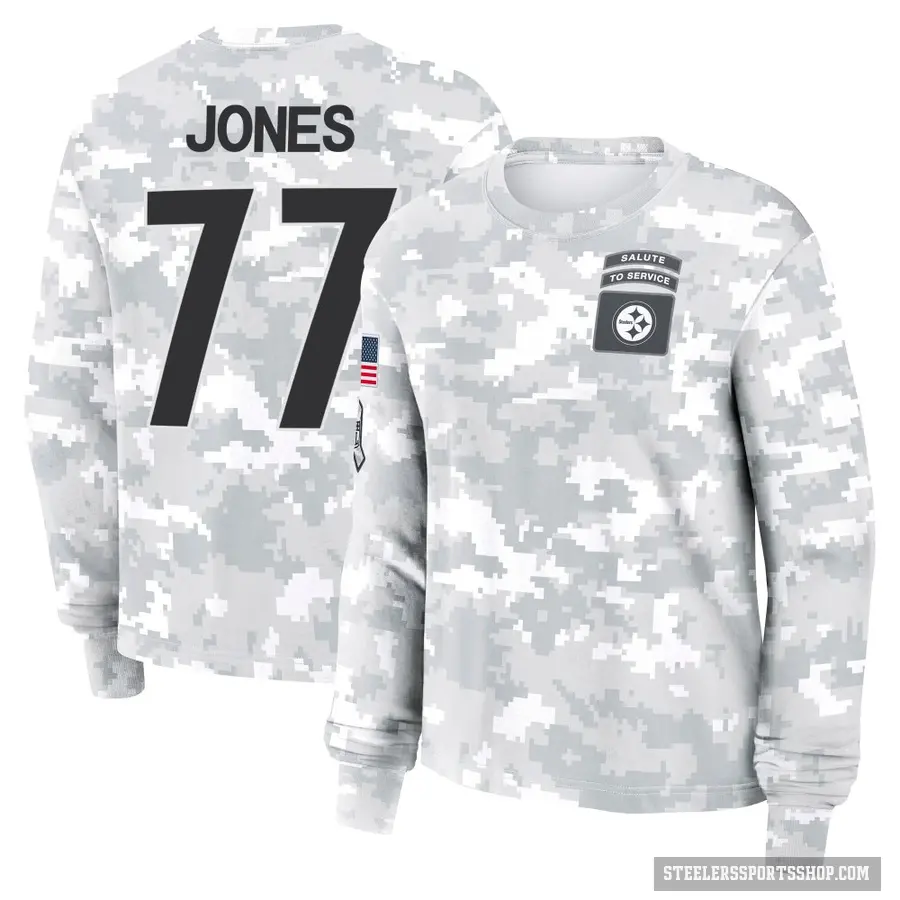 Women's ＃77 Broderick Jones Pittsburgh Steelers Camo Arctic 2024 Salute to Service Long Sleeve T-Shirt