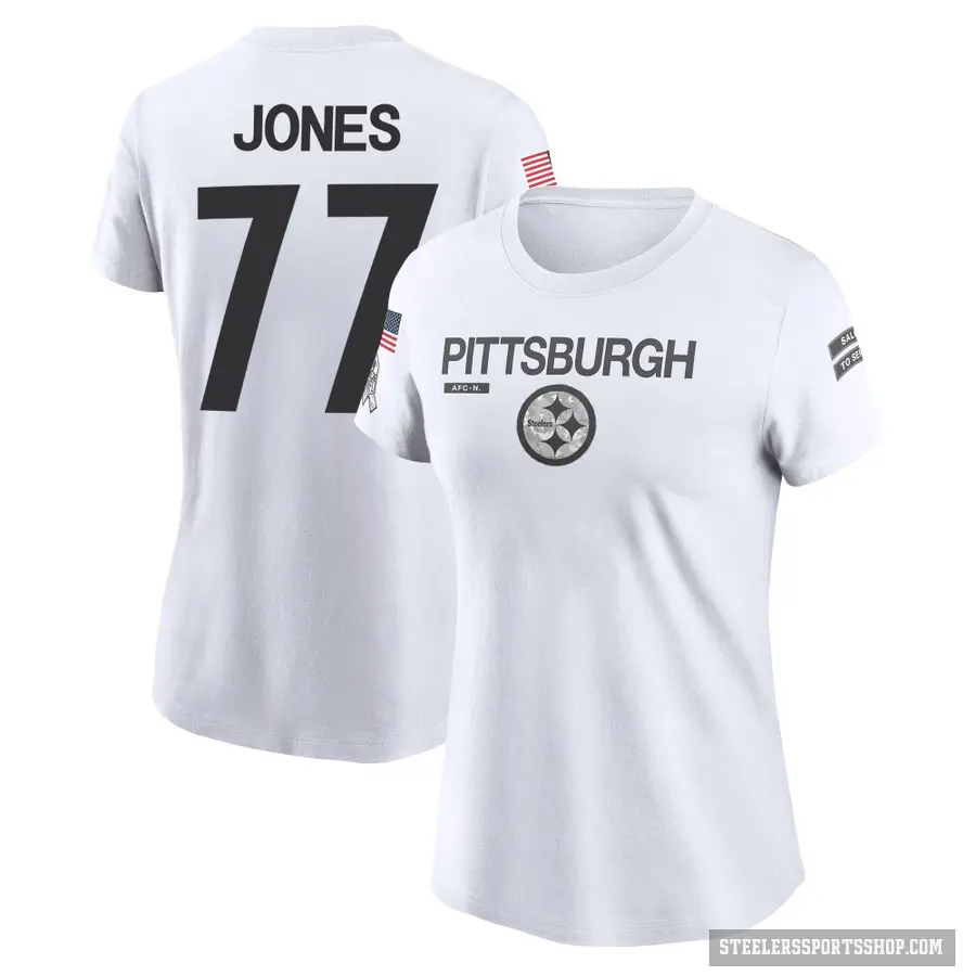 Women's ＃77 Broderick Jones Pittsburgh Steelers White 2024 Salute to Service Performance T-Shirt