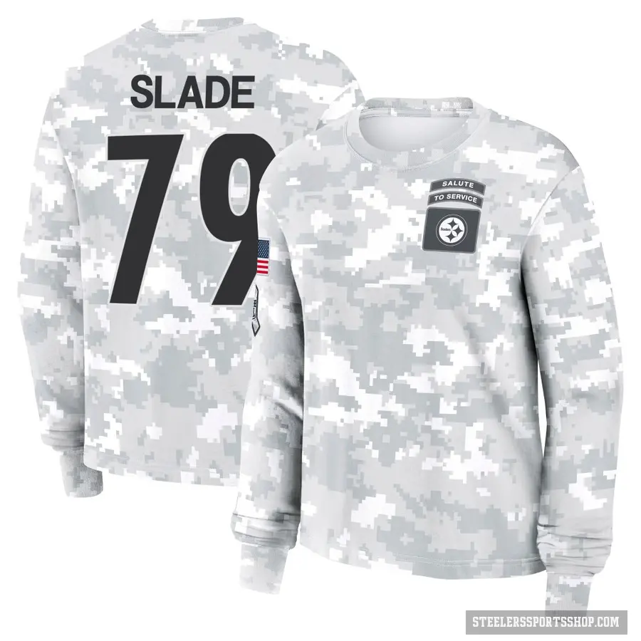 Women's ＃79 Jacob Slade Pittsburgh Steelers Camo Arctic 2024 Salute to Service Long Sleeve T-Shirt