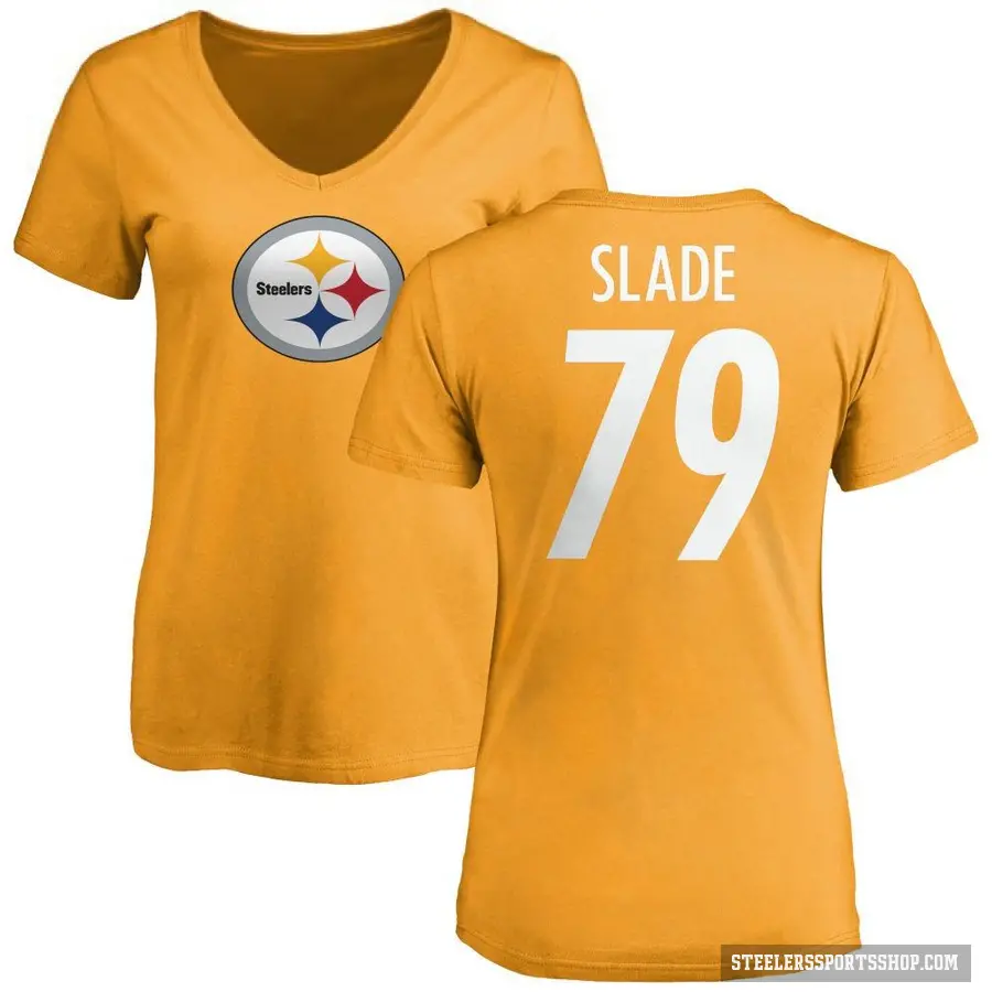 Women's ＃79 Jacob Slade Pittsburgh Steelers Gold Logo Slim Fit T-Shirt