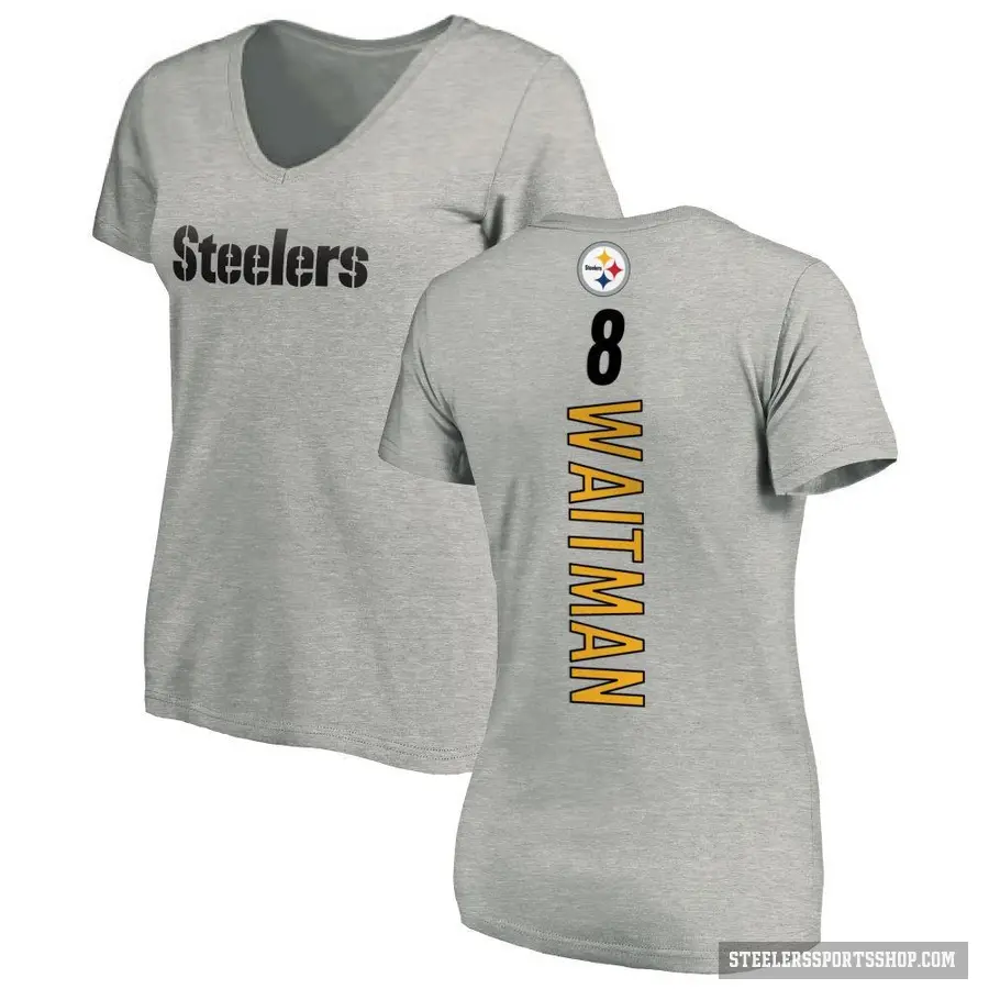 Women's ＃8 Corliss Waitman Pittsburgh Steelers Ash Backer V-Neck T-Shirt