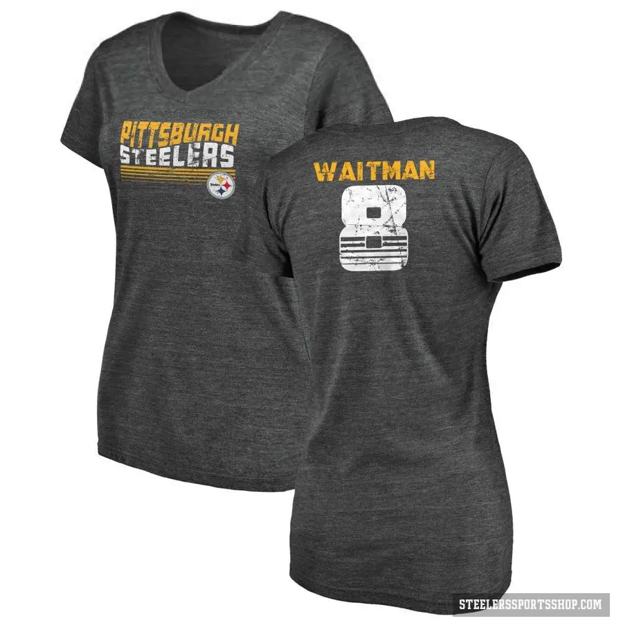 Women's ＃8 Corliss Waitman Pittsburgh Steelers Black Retro V-Neck T-Shirt