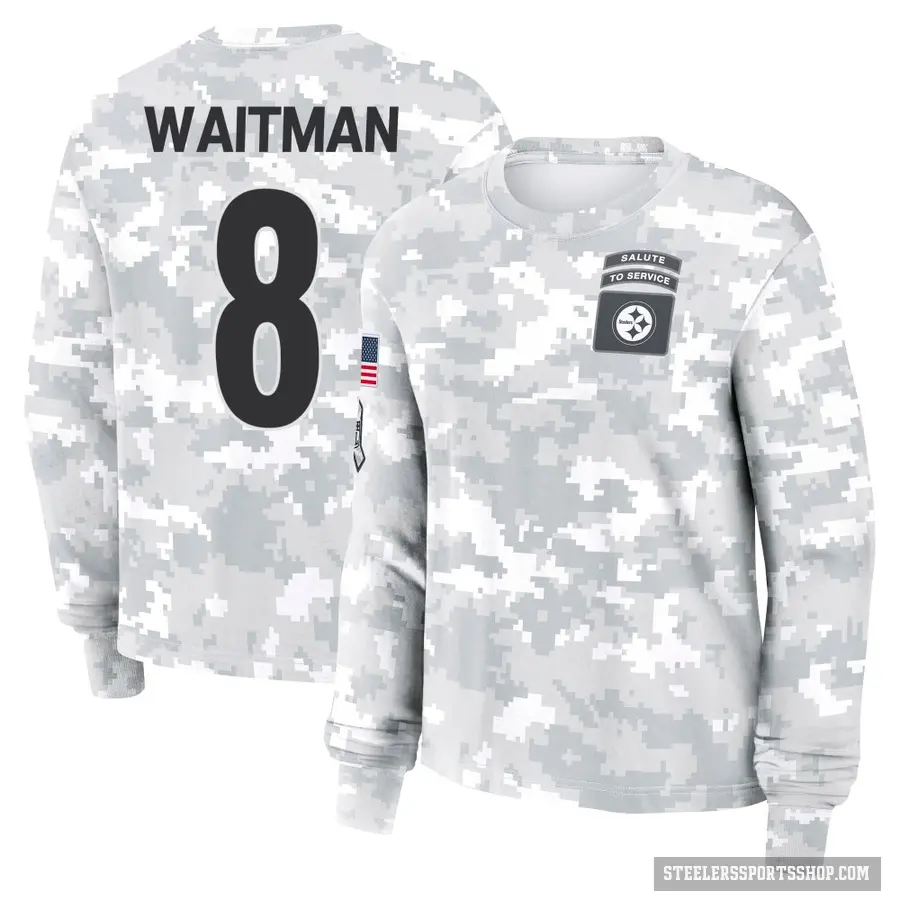 Women's ＃8 Corliss Waitman Pittsburgh Steelers Camo Arctic 2024 Salute to Service Long Sleeve T-Shirt