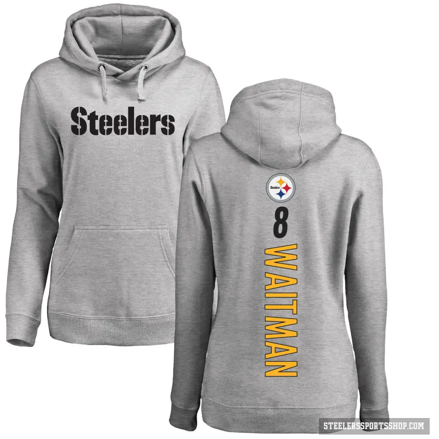 Women's ＃8 Corliss Waitman Pittsburgh Steelers Pro Line Ash Backer Pullover Hoodie