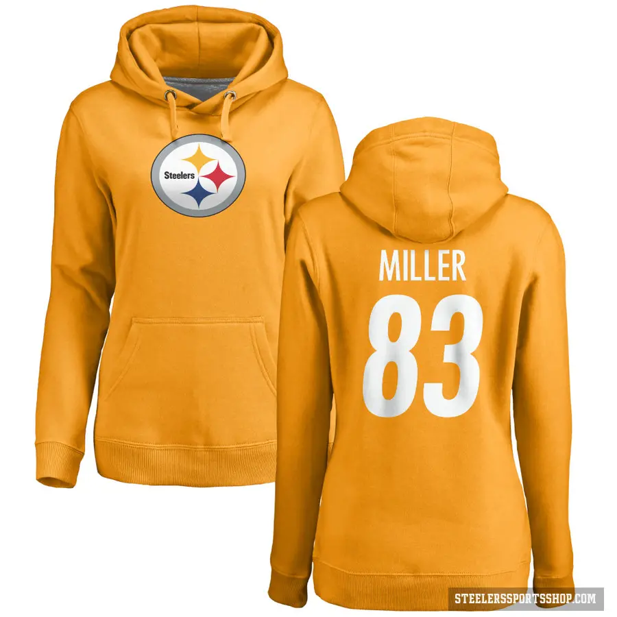 Women's ＃83 Heath Miller Pittsburgh Steelers Gold Pro Line Name & Number Logo Pullover Hoodie