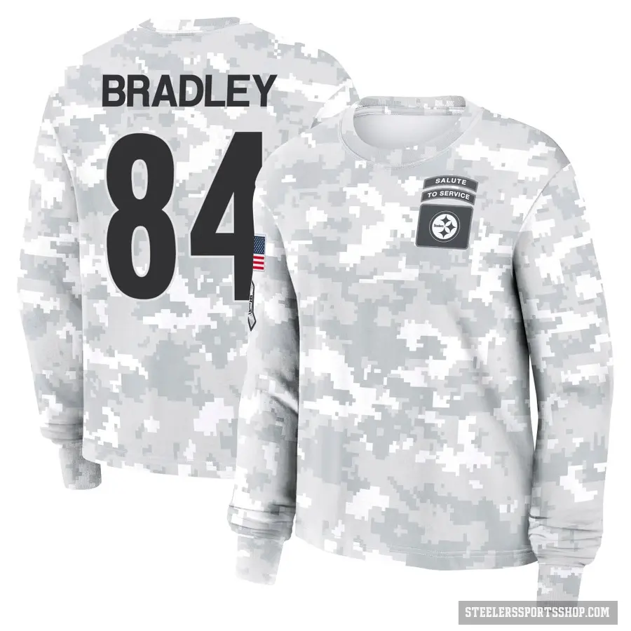 Women's ＃84 Ja'Marcus Bradley Pittsburgh Steelers Camo Arctic 2024 Salute to Service Long Sleeve T-Shirt