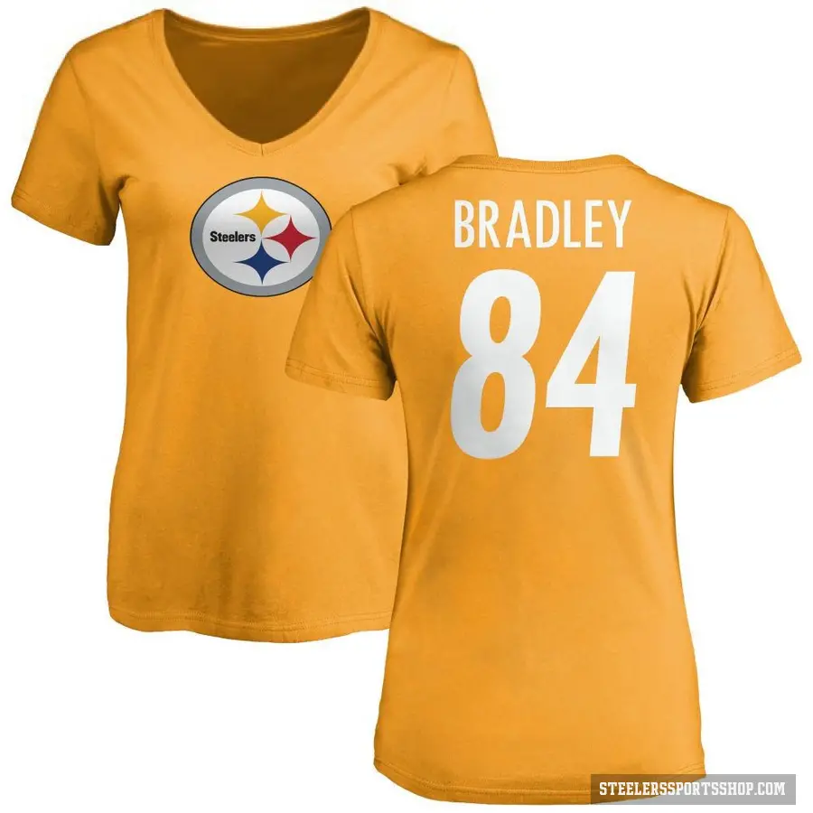 Women's ＃84 Ja'Marcus Bradley Pittsburgh Steelers Gold Logo Slim Fit T-Shirt