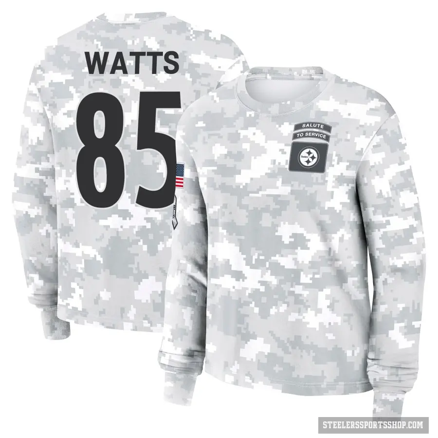 Women's ＃85 Duece Watts Pittsburgh Steelers Camo Arctic 2024 Salute to Service Long Sleeve T-Shirt