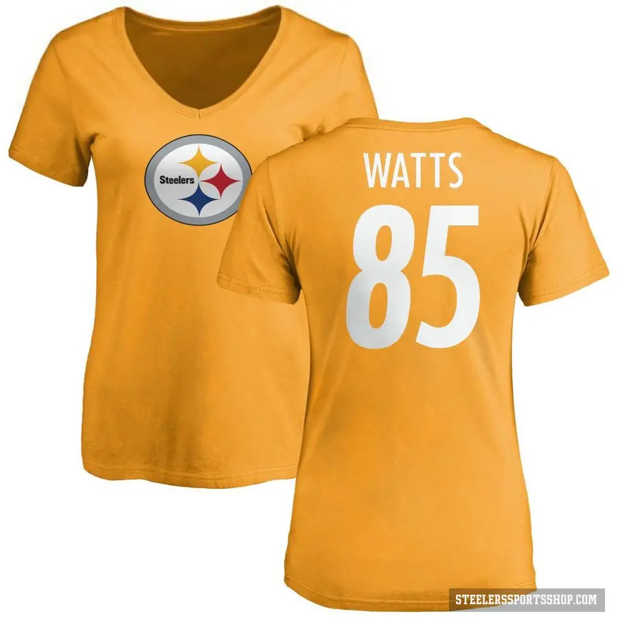 Women's ＃85 Duece Watts Pittsburgh Steelers Gold Logo Slim Fit T-Shirt