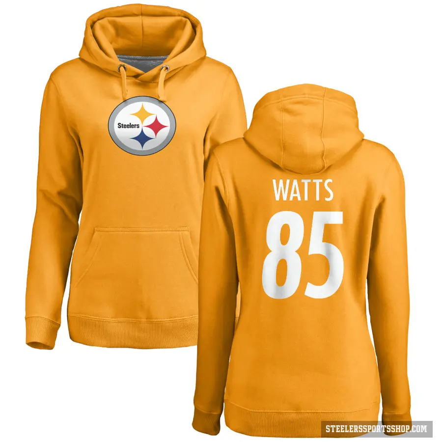 Women's ＃85 Duece Watts Pittsburgh Steelers Gold Pro Line Name & Number Logo Pullover Hoodie