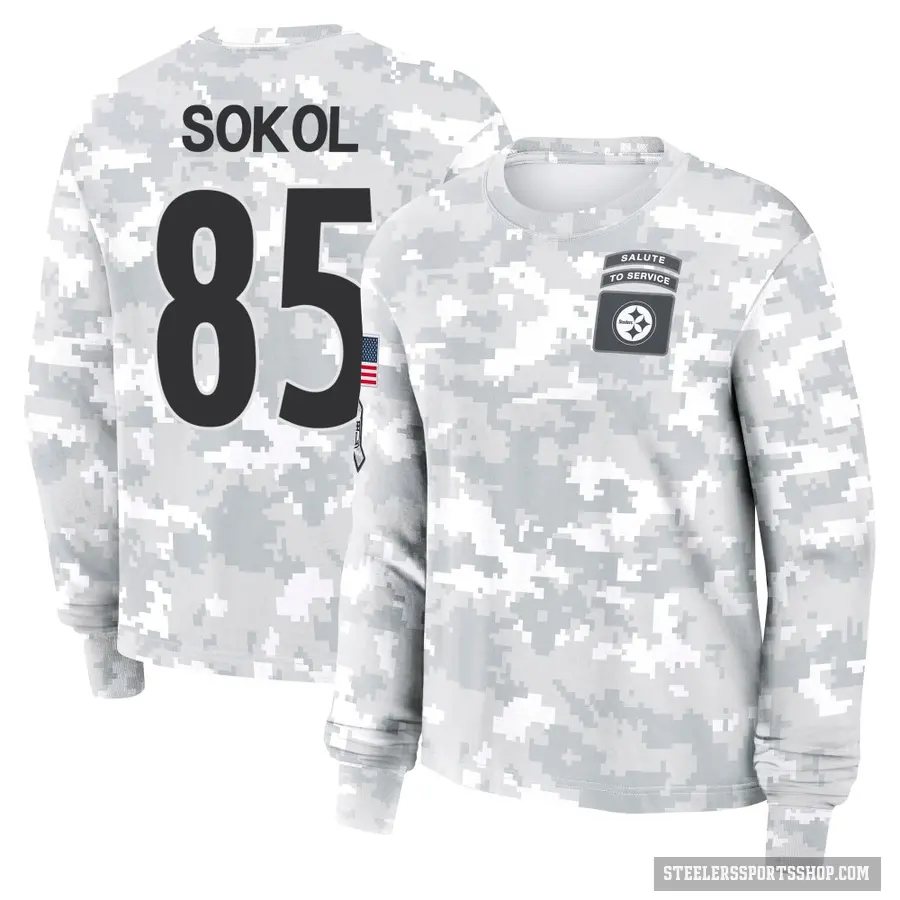 Women's ＃85 Matt Sokol Pittsburgh Steelers Camo Arctic 2024 Salute to Service Long Sleeve T-Shirt