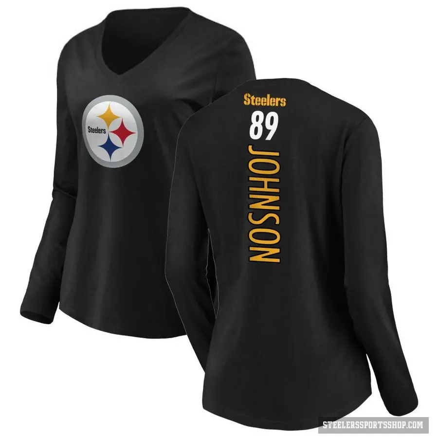 Women's ＃89 Brandon Johnson Pittsburgh Steelers Black Backer Slim Fit Long Sleeve T-Shirt