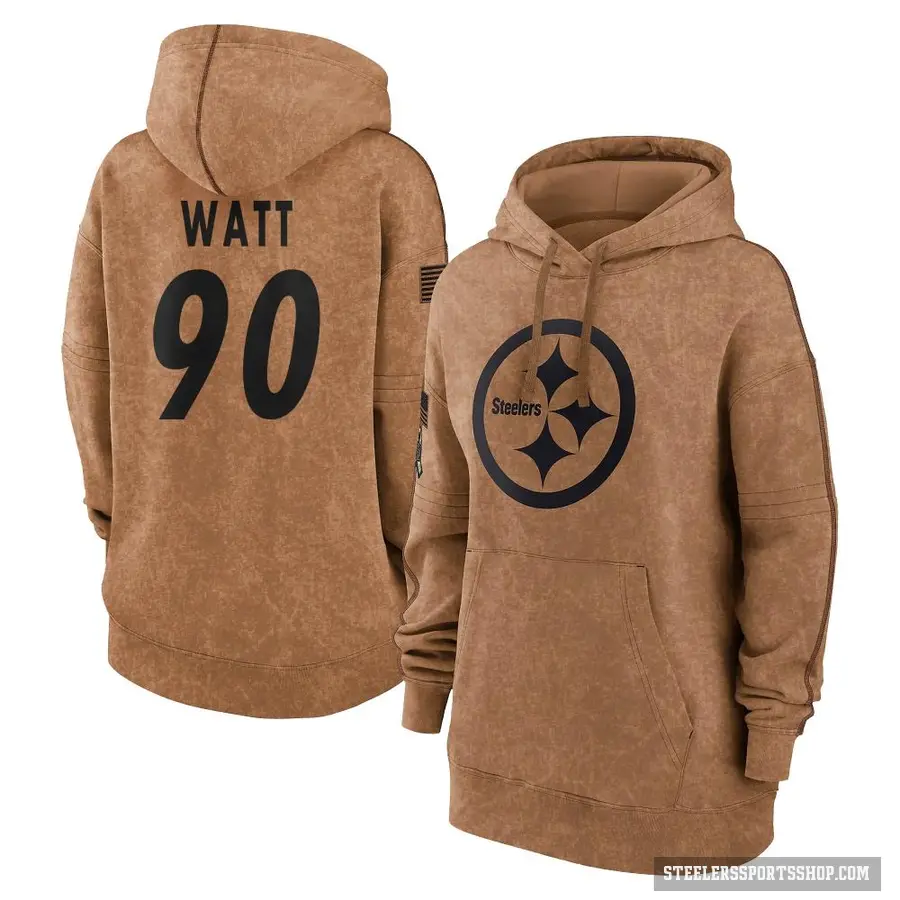 Women's ＃90 T.J. Watt Pittsburgh Steelers Brown 2023 Salute To Service Pullover Hoodie