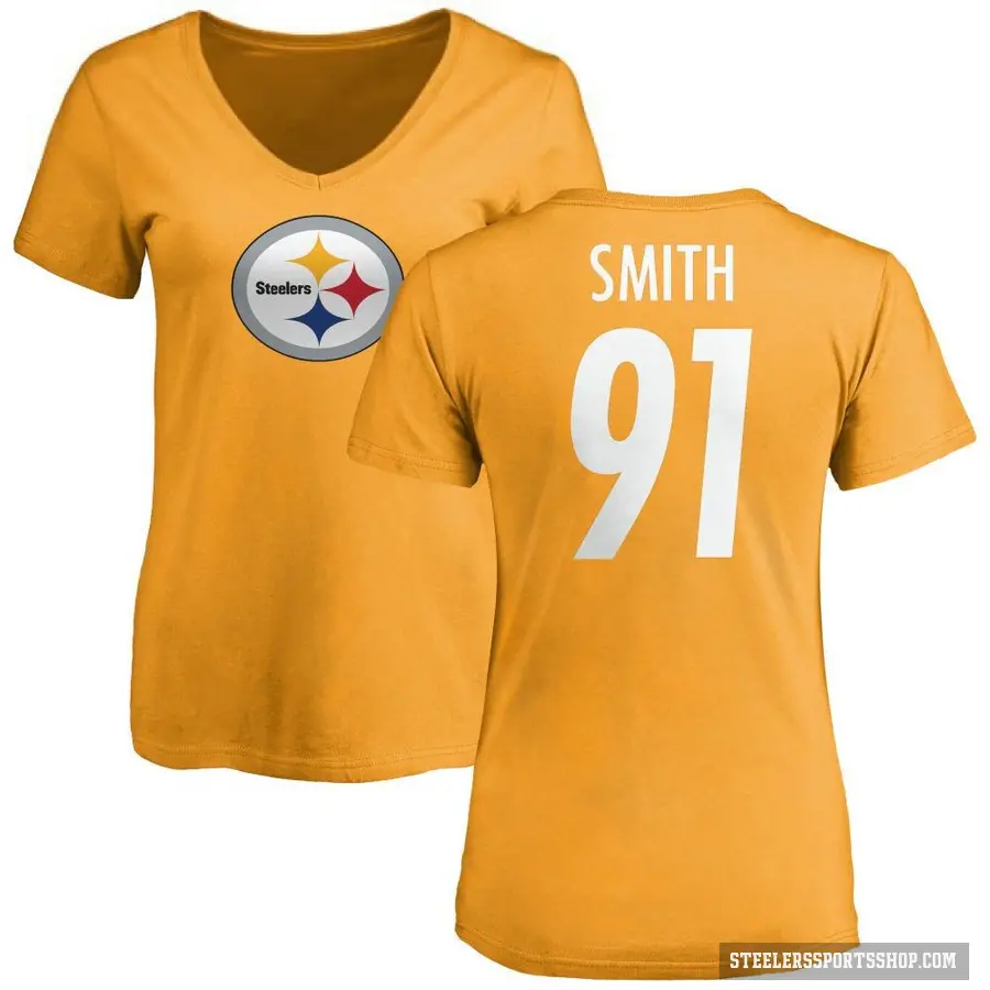 Women's ＃91 Preston Smith Pittsburgh Steelers Gold Logo Slim Fit T-Shirt