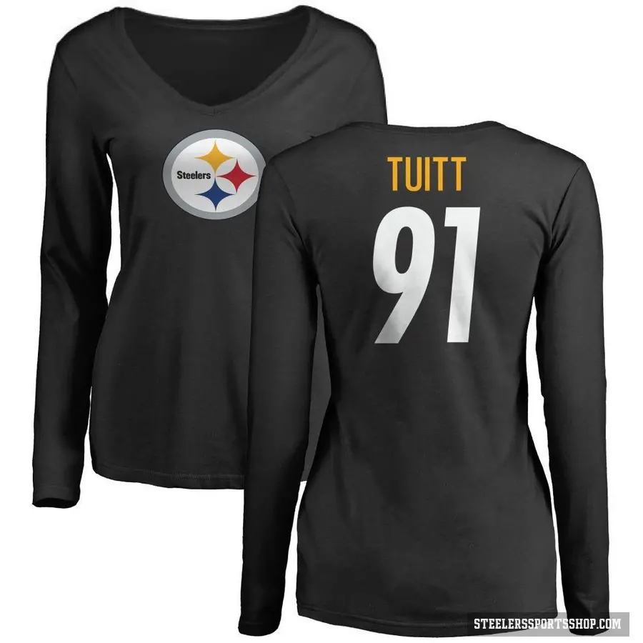 Women's ＃91 Stephon Tuitt Pittsburgh Steelers Black Logo Slim Fit Long Sleeve T-Shirt