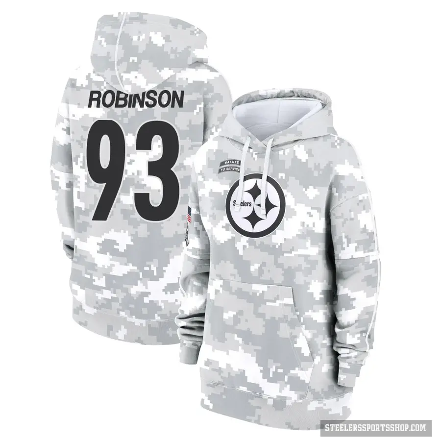 Women's ＃93 Mark Robinson Pittsburgh Steelers Arctic Camo 2024 Salute to Service Club Fleece Pullover Hoodie