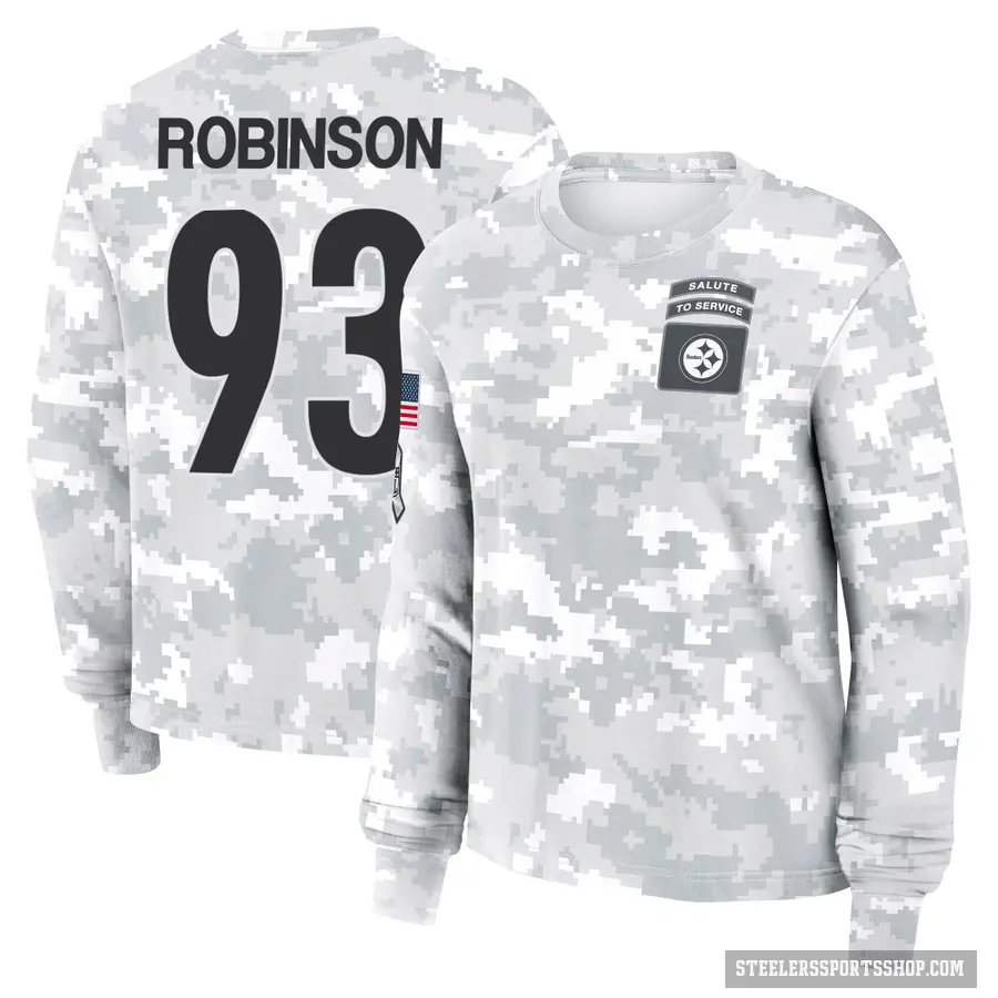 Women's ＃93 Mark Robinson Pittsburgh Steelers Camo Arctic 2024 Salute to Service Long Sleeve T-Shirt