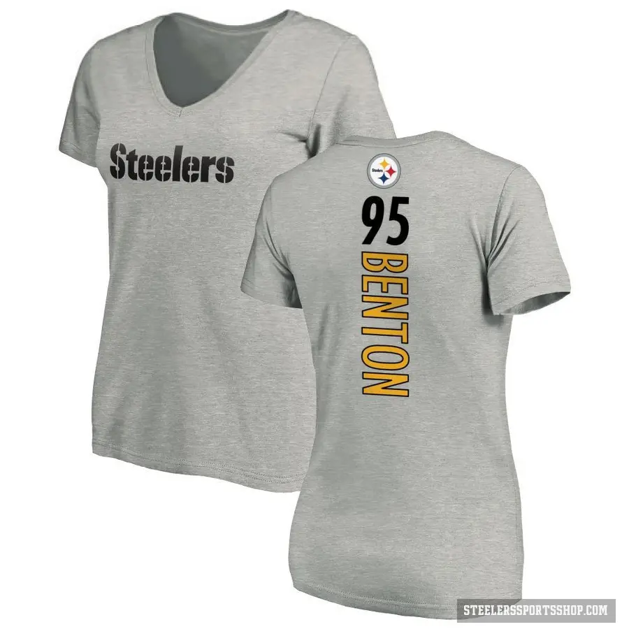 Women's ＃95 Keeanu Benton Pittsburgh Steelers Ash Backer V-Neck T-Shirt