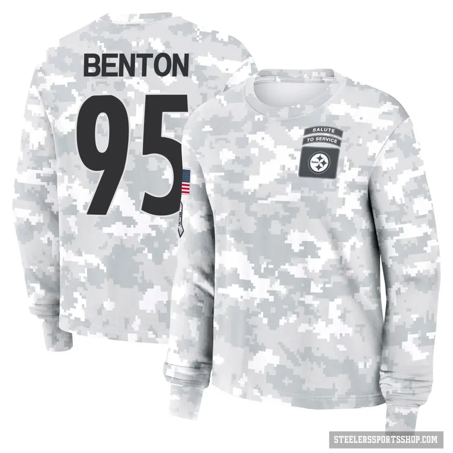 Women's ＃95 Keeanu Benton Pittsburgh Steelers Camo Arctic 2024 Salute to Service Long Sleeve T-Shirt