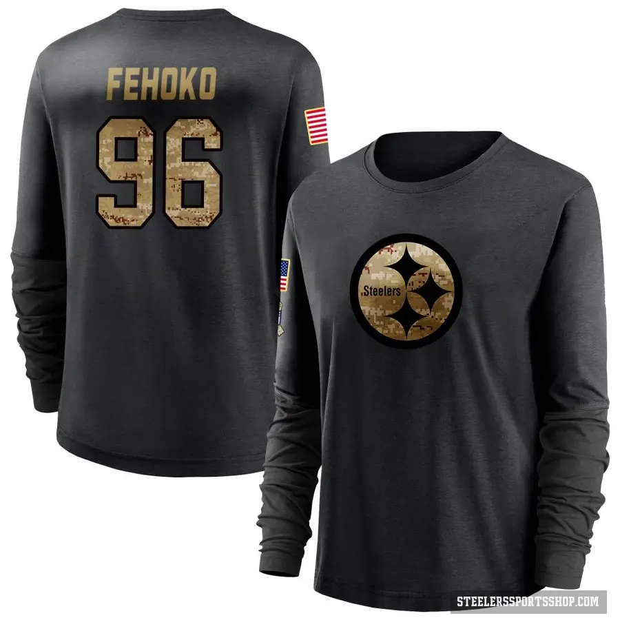 Women's ＃96 Breiden Fehoko Pittsburgh Steelers Black 2020 Salute To Service Sideline Performance Long Sleeve T-Shirt